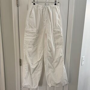 White wide loose leg lightweight Cargo Pants with adjustable waist/ hem